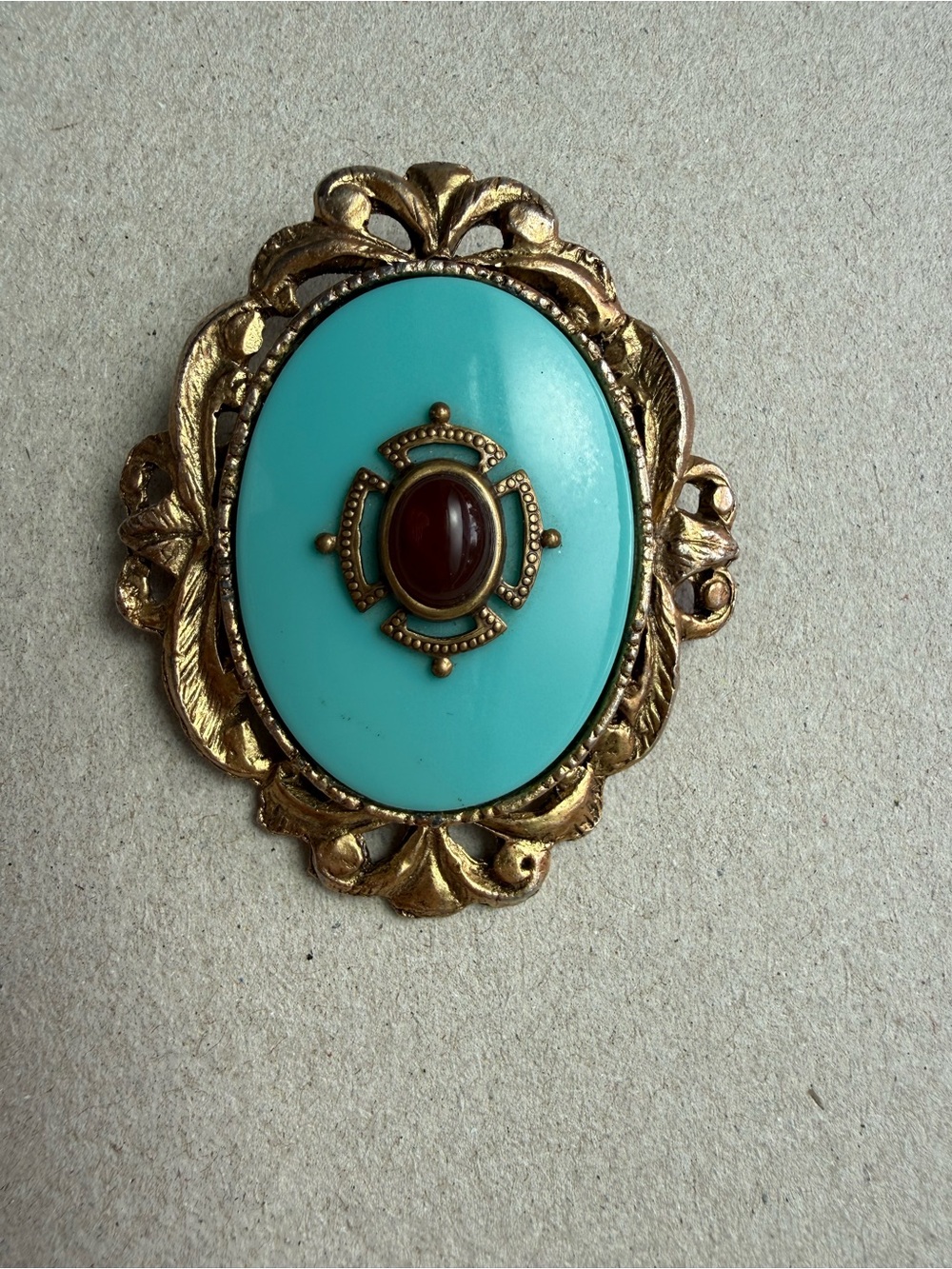 Vintage 1960s Victorian Revival Turquoise & Red Cabochon Brooch